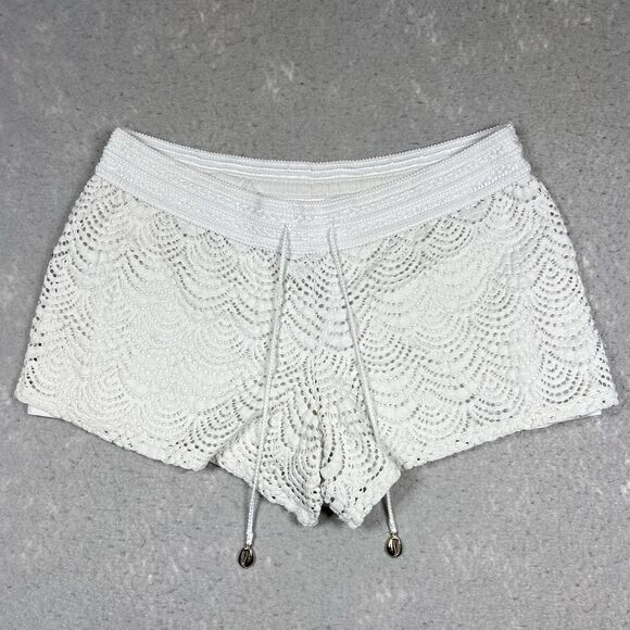Lilly Pulitzer Claudette White Crochet Shell Drawstring Shorts Beach Cover Up L - Picture 1 of 14
